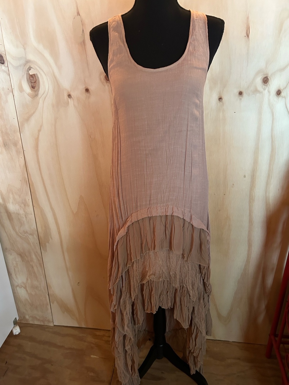 a’reve  lby anthropologie Sleeveless High-Low Ruffle Tank Dress in tan/camel